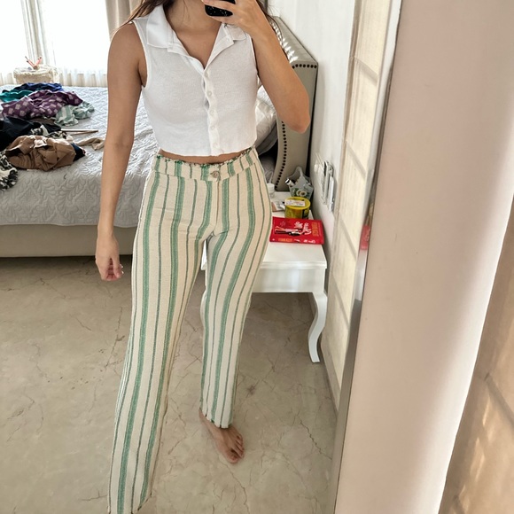 White & green striped bohemian Size S ZARA pants with FREE white primark top. - Picture 3 of 6